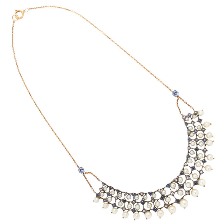 14k Gold Diamond Sapphire Pearl Necklace