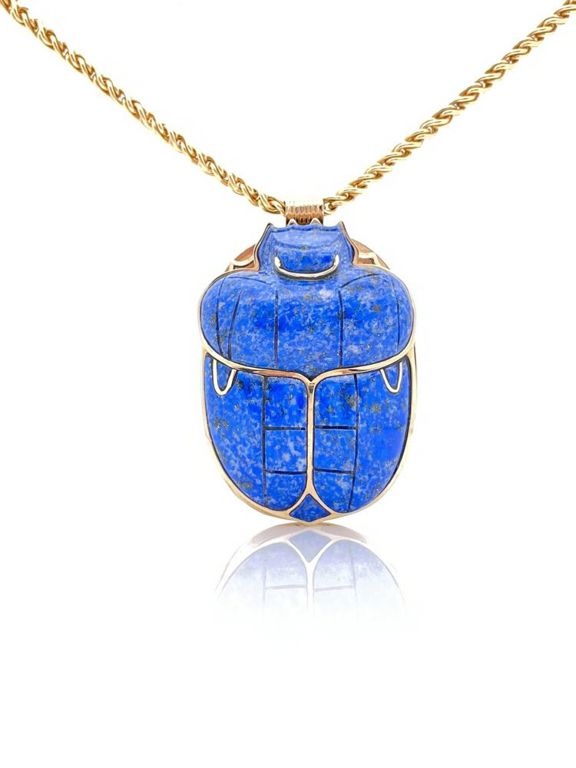 14k Yellow Gold Lapis Scarab Pendant Necklace