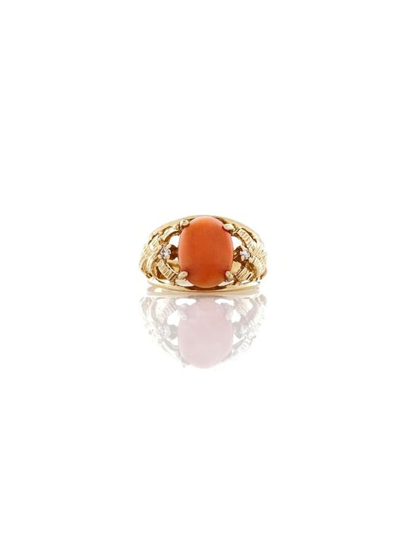 14k Yellow Gold Coral Diamond Ring