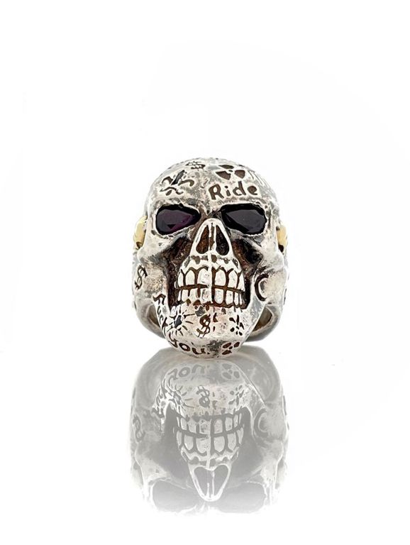 Silver and Gold Garnet Skull Ring