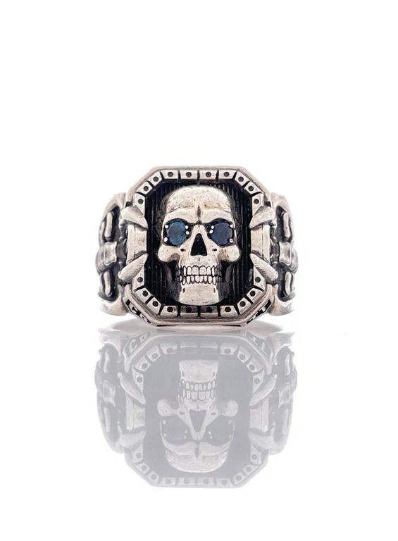 Silver Sapphire Skull Ring