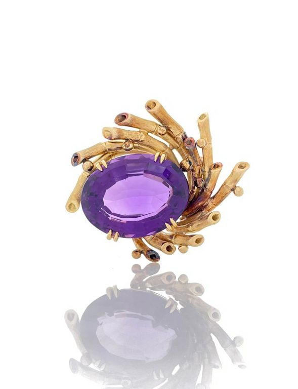 18k Gold Amethyst Brooch