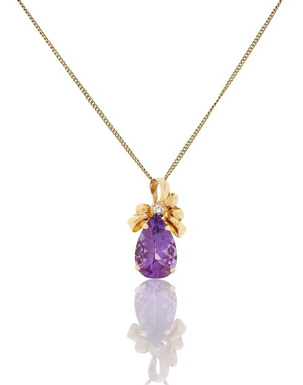 14k Gold Amethyst Diamond Pendant Necklace