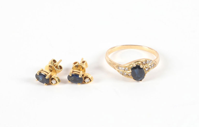 Gold Sapphire Ring and Earrings Set