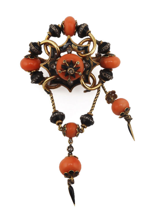 Victorian Coral Diamond Enamel Brooch