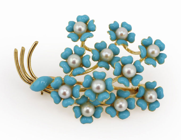 18k Gold Enamel Pearl Floral Brooch