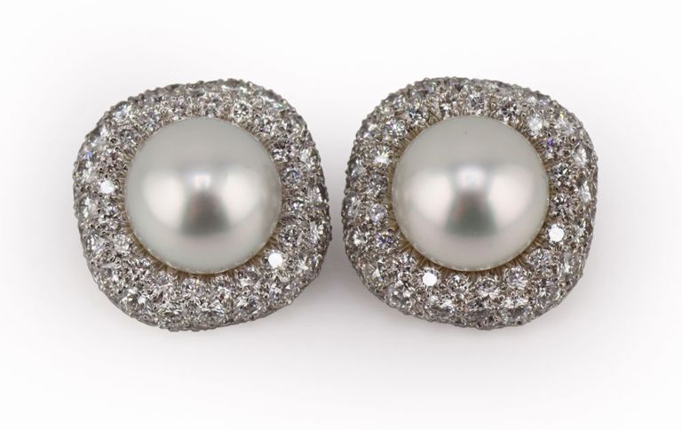 Platinum Diamond Pearl Clip-On Earrings