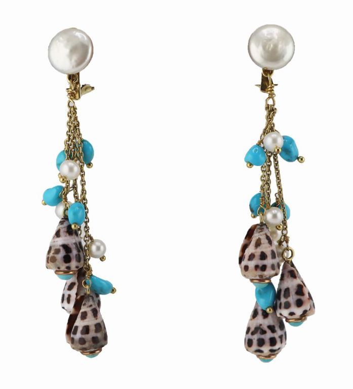 14k Gold Turquoise Pearl Shell Earrings