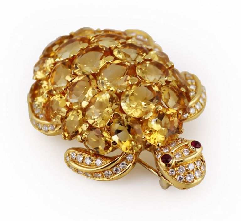 18k Gold Citrine Diamond Turtle Brooch