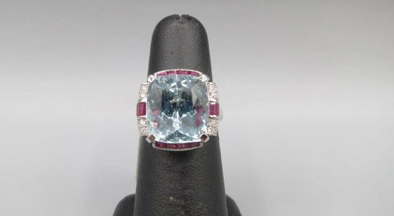 Platinum Aquamarine, Ruby and Diamond Ring