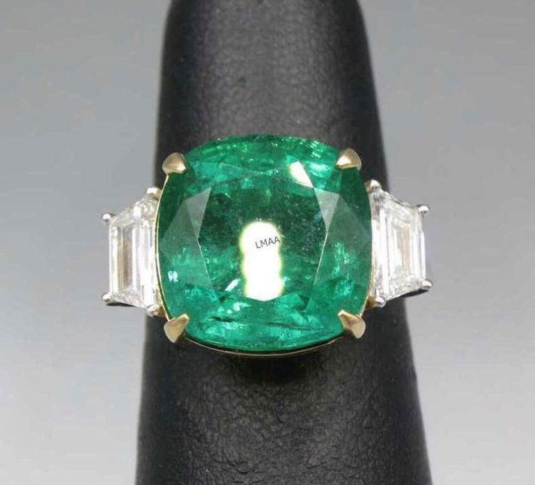Platinum and 18k Gold Emerald and Diamond Ring