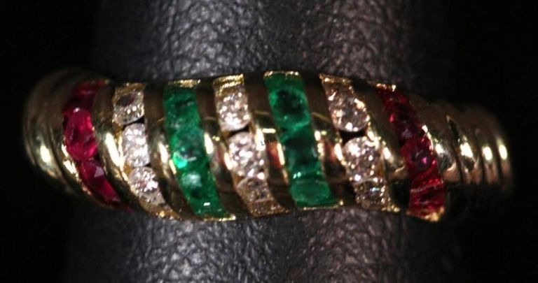 14k Yellow Gold Diamond, Ruby and Emerald Ring