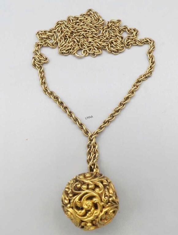 14k Yellow Gold Necklace With Floral Ball Pendant