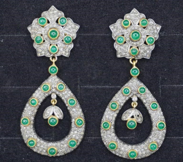Gold and Silver Diamond and Emerald Drop Earrings