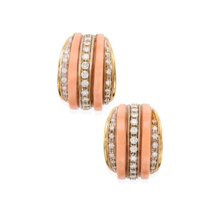 18k Gold Coral and Diamond Ear Clips