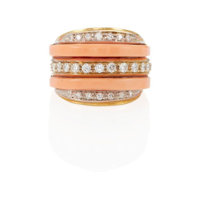 18k Gold Coral and Diamond Ring