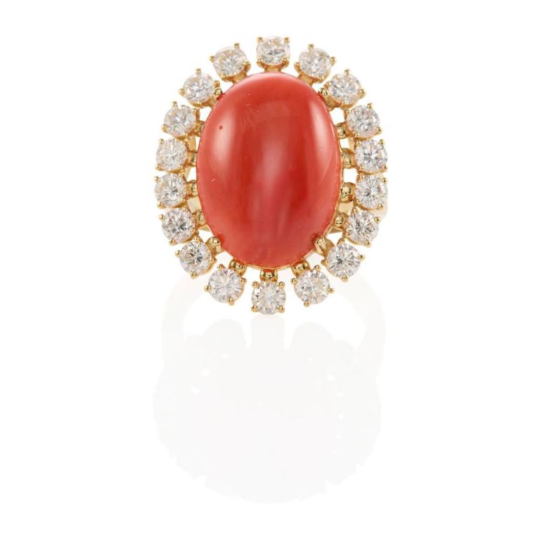 18k Gold Coral and Diamond Ring