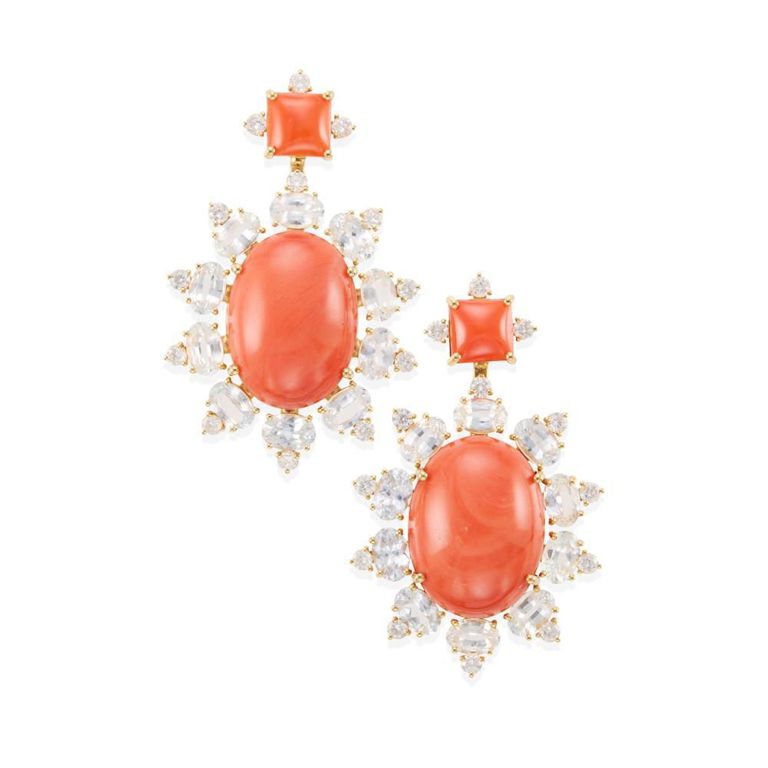 18k Gold Coral Sapphire and Diamond Earrings