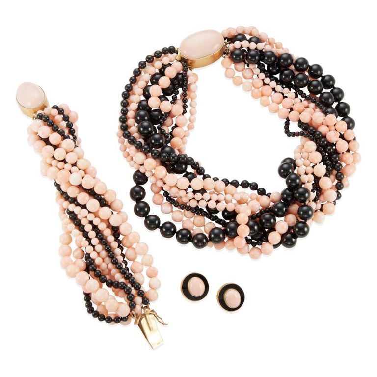 14k Gold Coral and Onyx Jewelry Set