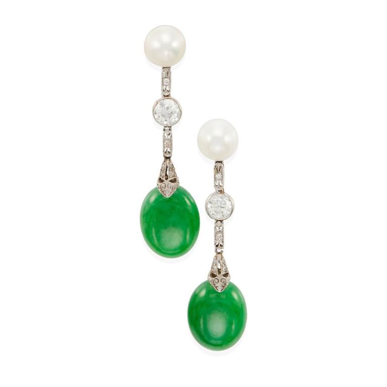 Platinum Jade and Pearl Dangle Earrings