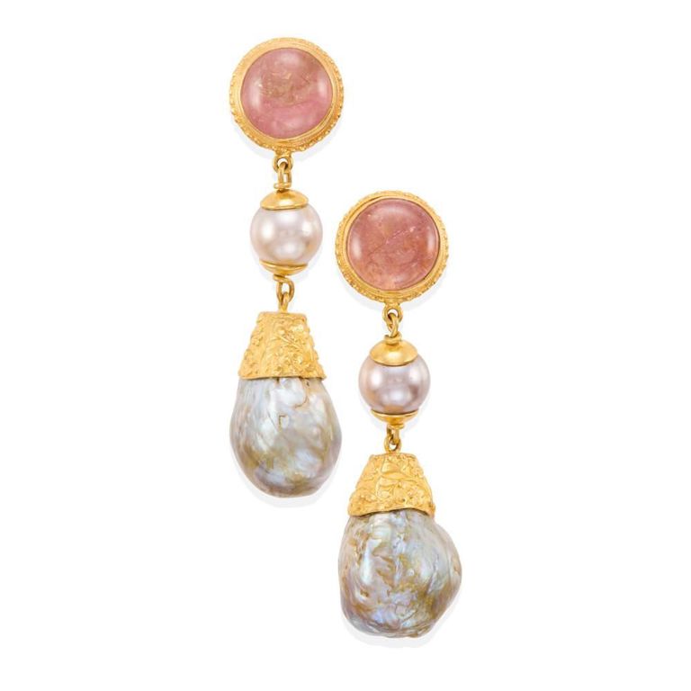 Gold Pearl and Tourmaline Earrings
