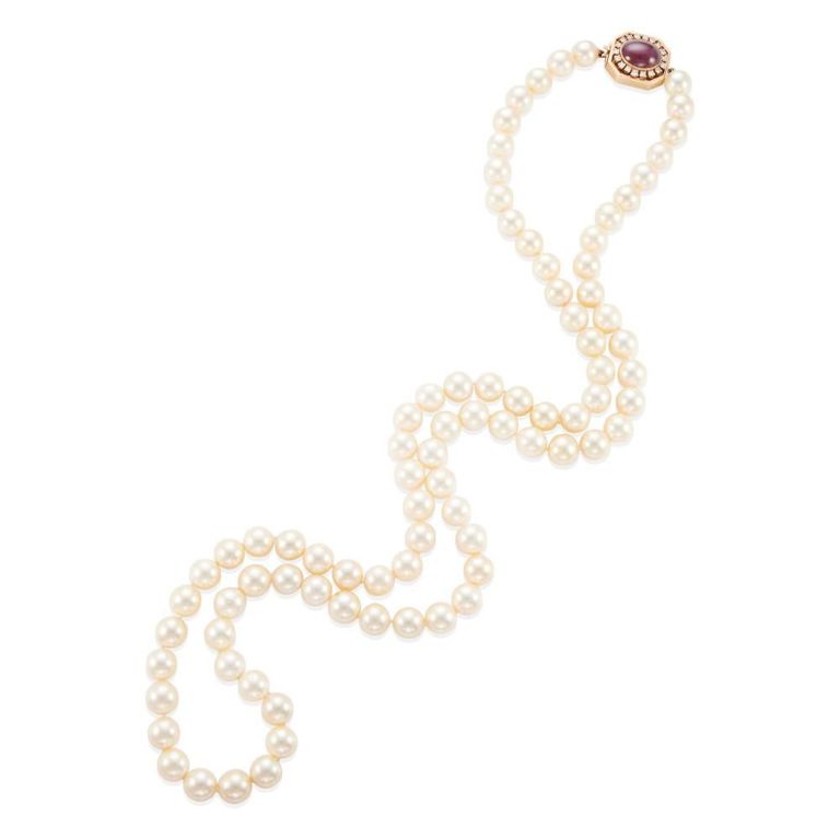 14k Gold Pearl Ruby and Diamond Necklace