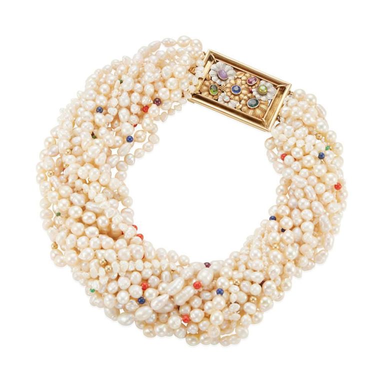 14k Gold Gem-Set Pearl Torsade Necklace