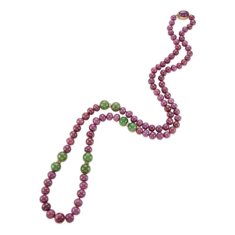 14k Gold Ruby Jade and Diamond Necklace