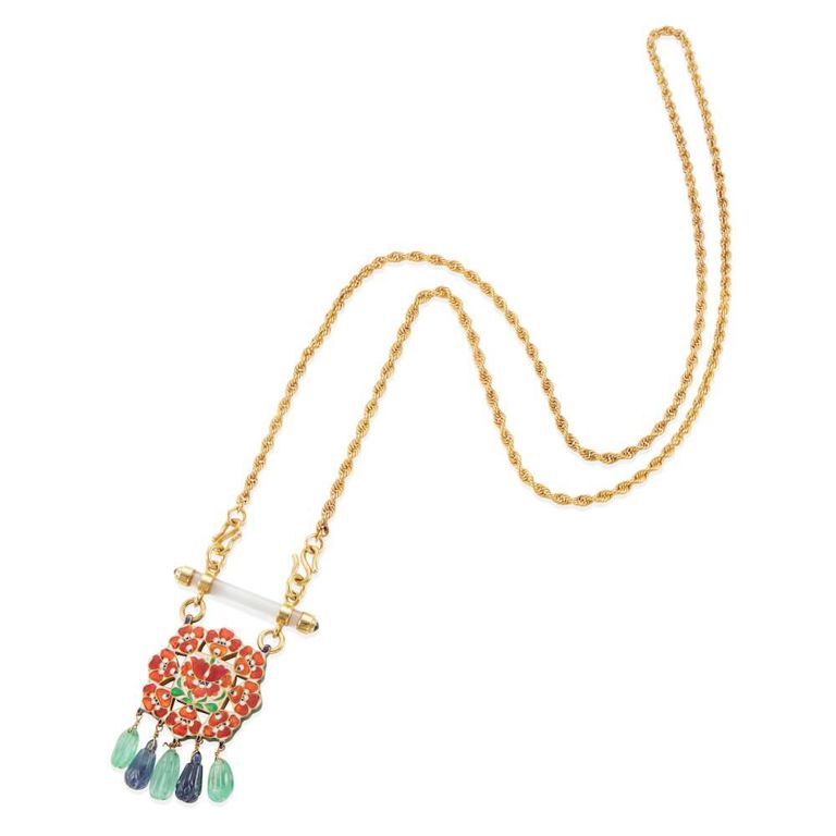 14k Gold Gem-Set Enamel Pendant Necklace