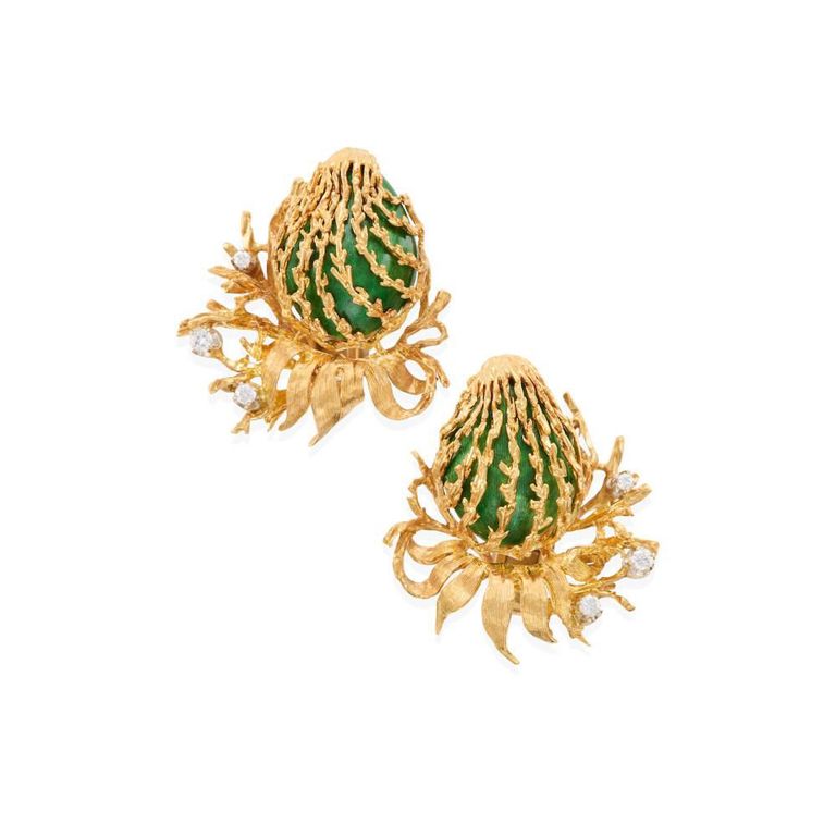 18k Gold Enamel and Diamond Earrings