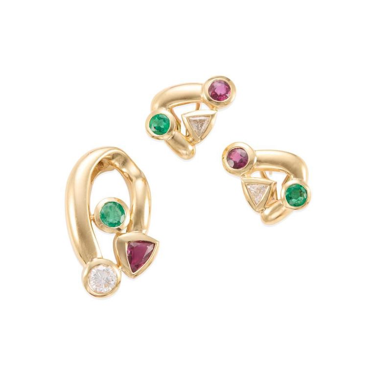 14k Gold Emerald Ruby and Diamond Set
