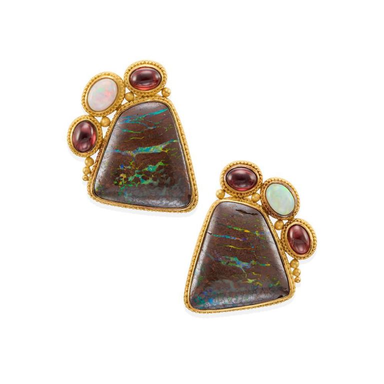 18k Gold Opal and Tourmaline Earrings