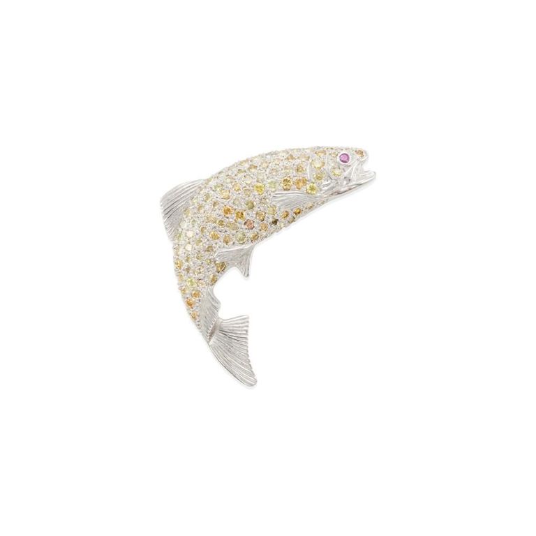 Platinum Yellow Diamond and Ruby Brooch
