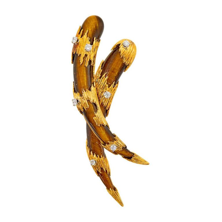 18k Gold Tiger's Eye and Diamond Brooch