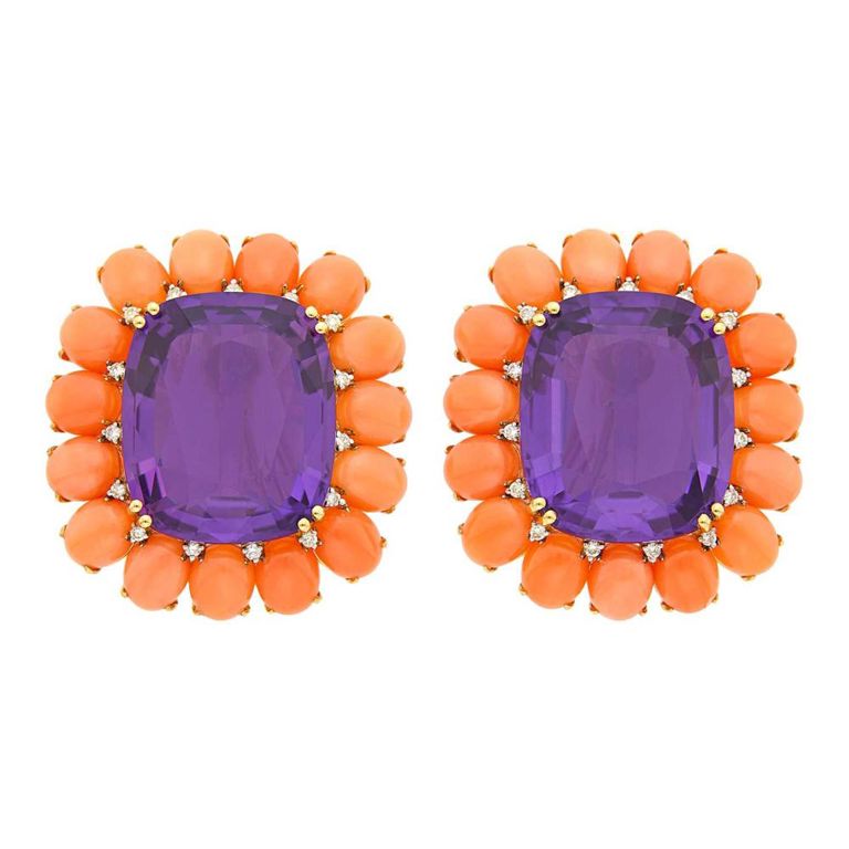 18k Gold Amethyst Coral and Diamond Earclips