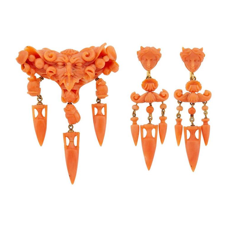 Gold Carved Coral Brooch and Earrings
