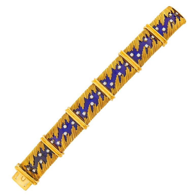18k Gold Blue Enamel Diamond Bracelet