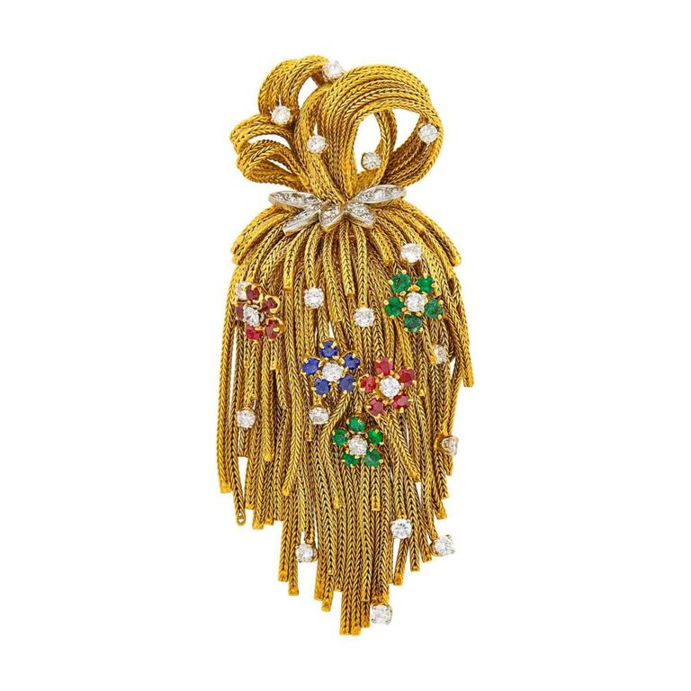 18k Gold Gem-Set Diamond Fringe Brooch
