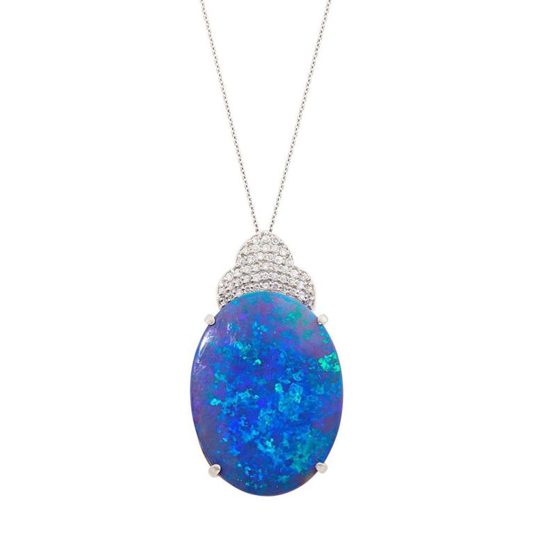 Platinum, Opal and Diamond Pendant Necklace