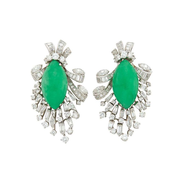 Platinum Jade and Diamond Earclips