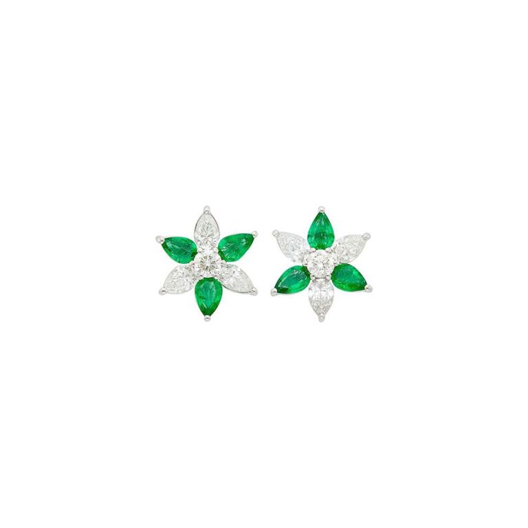 Platinum Emerald and Diamond Flower Earrings