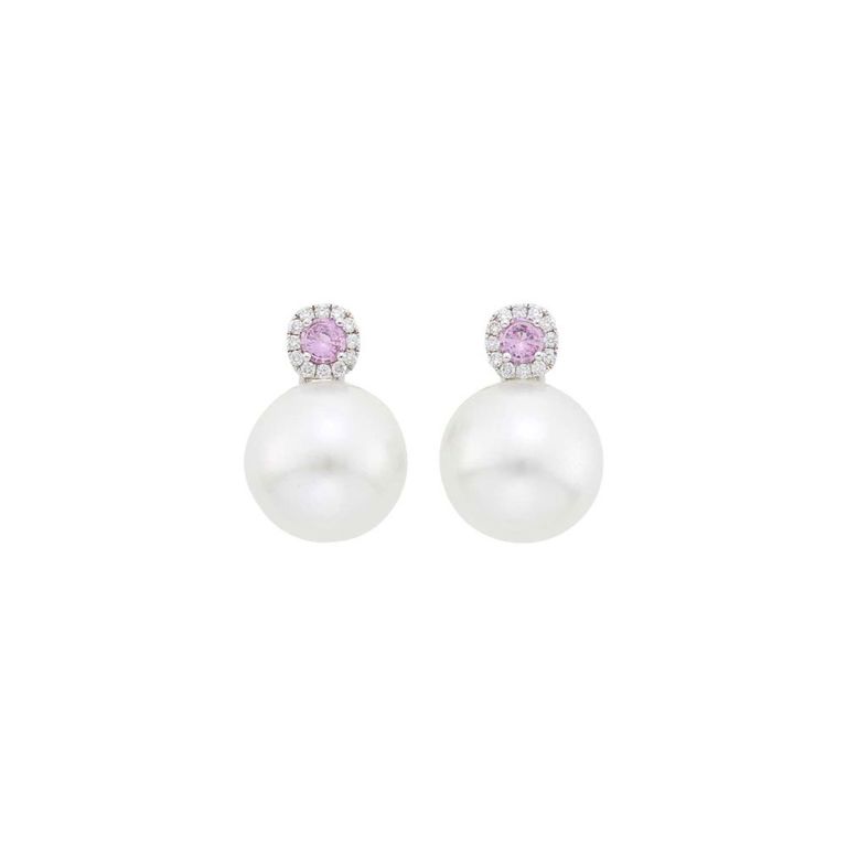 18k White Gold Pearl and Pink Sapphire Earrings
