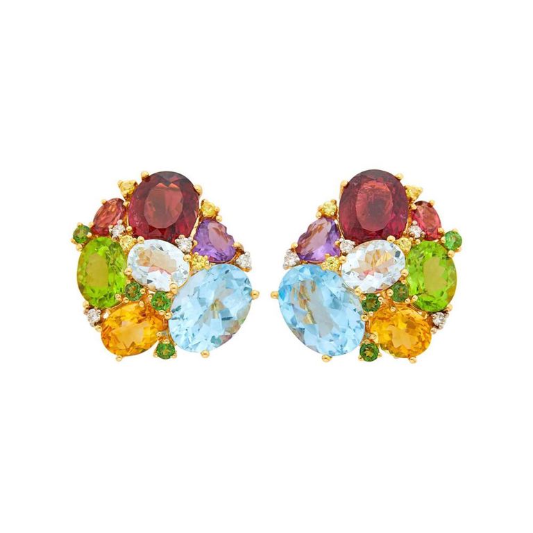 18k Gold Gemstone and Diamond Earclips