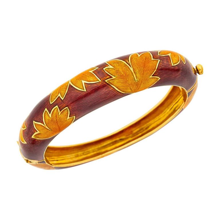 18k Gold Enamel Leaf Bangle Bracelet