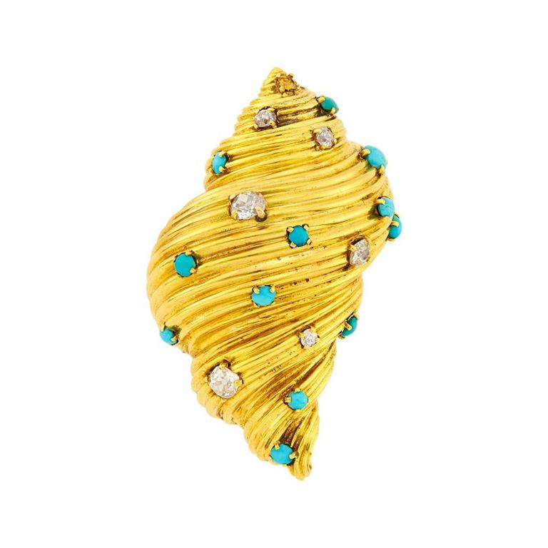 18k Gold Turquoise and Diamond Brooch