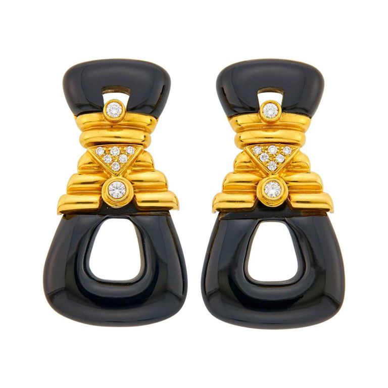 18k Gold Onyx and Diamond Earclips