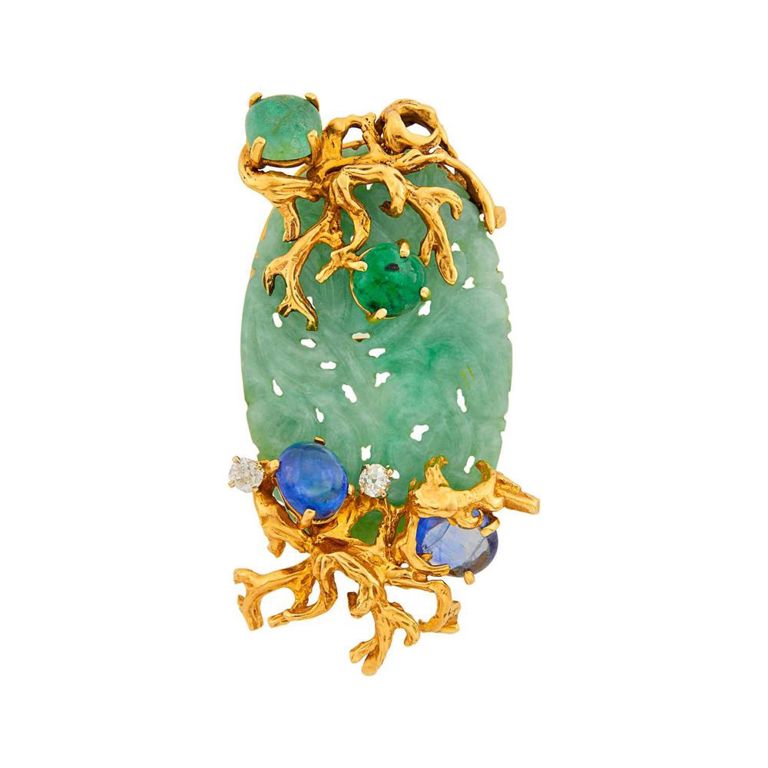 14k Gold Jade and Gemstone Clip-Brooch