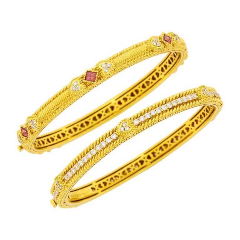 18k Gold Pink Tourmaline and Diamond Bangles