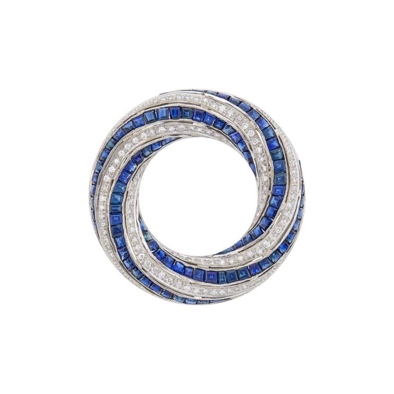 Platinum Sapphire and Diamond Circle Brooch
