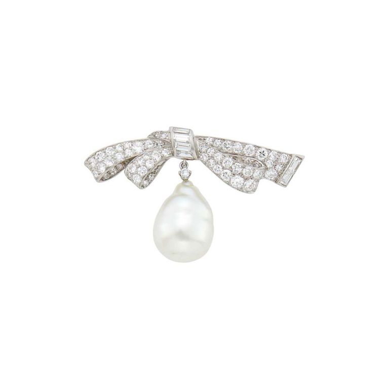 Platinum Diamond and Pearl Bow Brooch